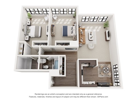 Floor plan for 2 beds, 2 baths, 945 sqft